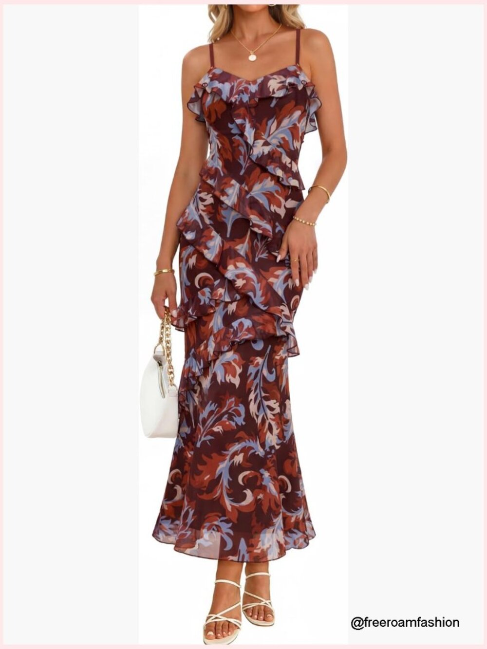 Floral Maxi Dress With Ruffle Trim, Spaghetti Straps, Bodycon Fit, Formal Style